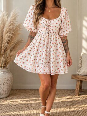 Crystal Doll Floral Mini Dress L Puff Sleeve Lace Up Cottagecore 118